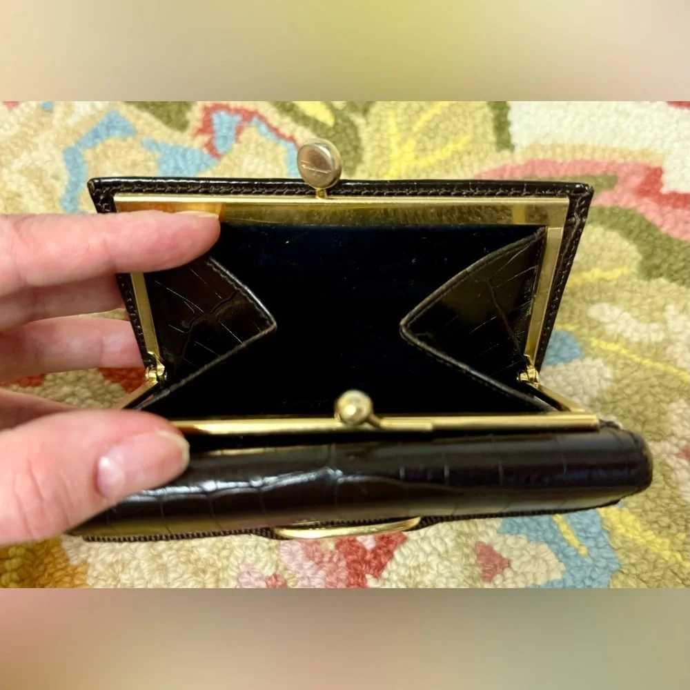 SALVATORE FERRAGAMO Crocodile Brown Embossed Leather Vara Bow French Wallet